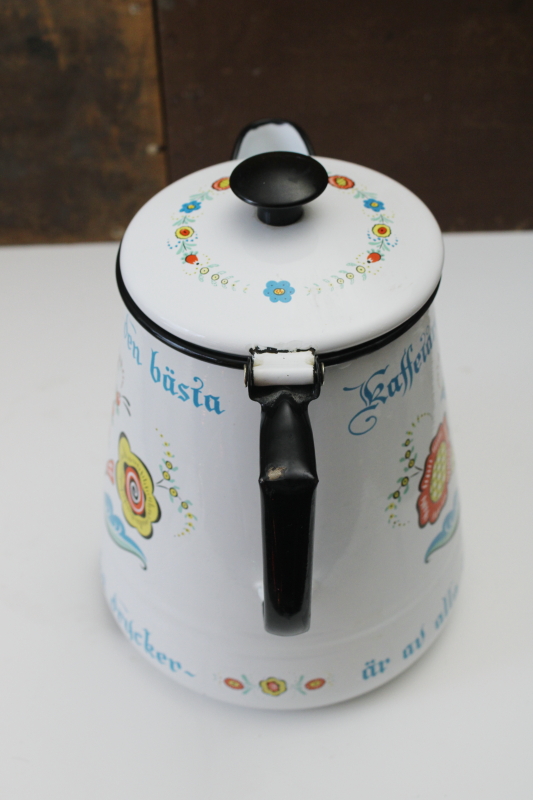 photo of vintage Berggren enamelware coffee pot, Swedish folk art saying Kaffetaren den basta Coffee the best!  #2